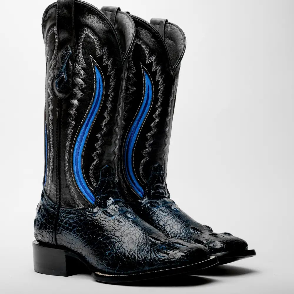 Midnight Blue Giant Caiman Hornback Leather Boots - Square Toe