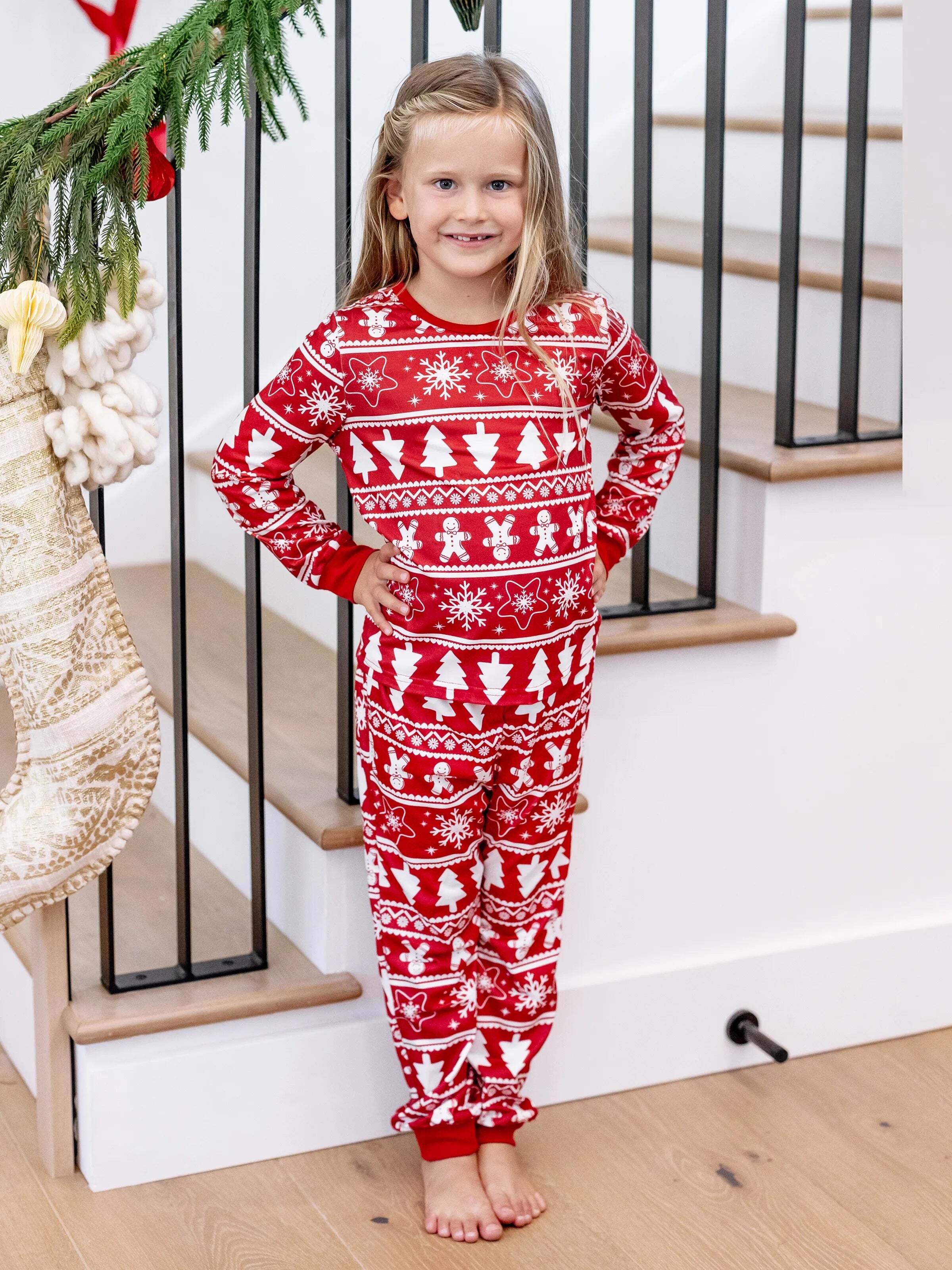 Christmas Matching Family Pajamas Set Gingerbread and Christmas Tree Print Red PJS with Christmas Socks Red