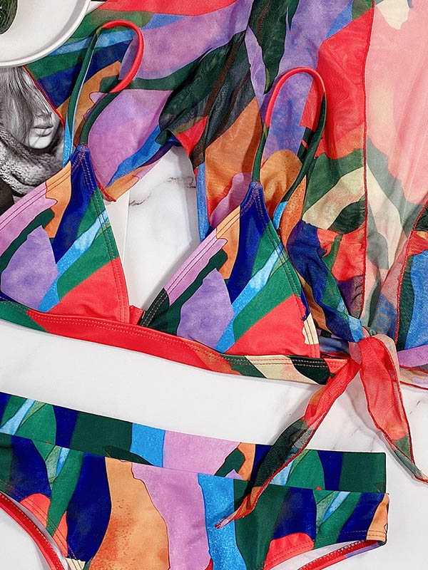 Multicolour Spaghetti-Neck Triangles Split Bikini Swimsuit+Cover-Ups Three-Piece Set