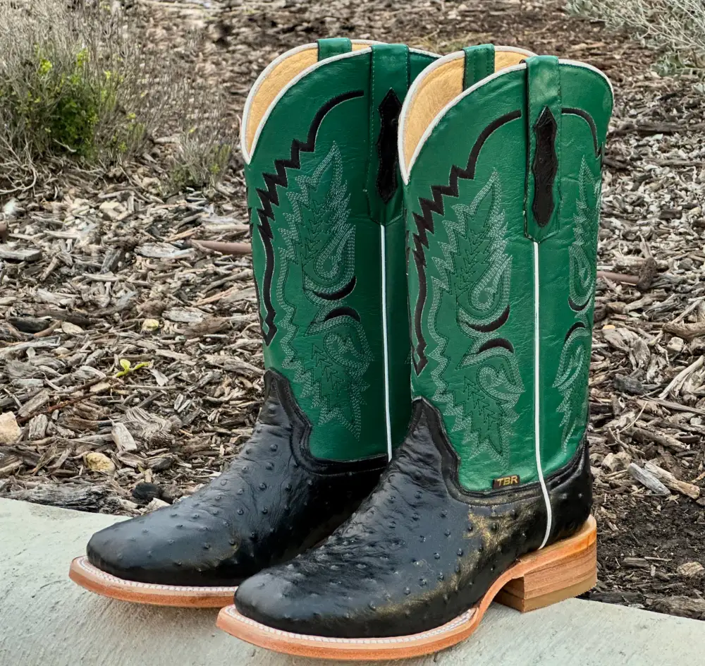 Mens Black Ostrich Leather Boots With Green Shaft