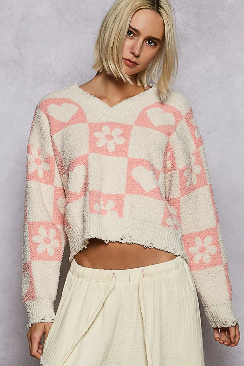 V-Neck Heart Pattern Checkered Sweater
