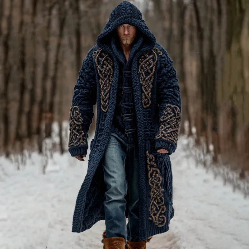 Men's Viking Celtic Knot Art Pocket Mid-length Cardigan Sweater