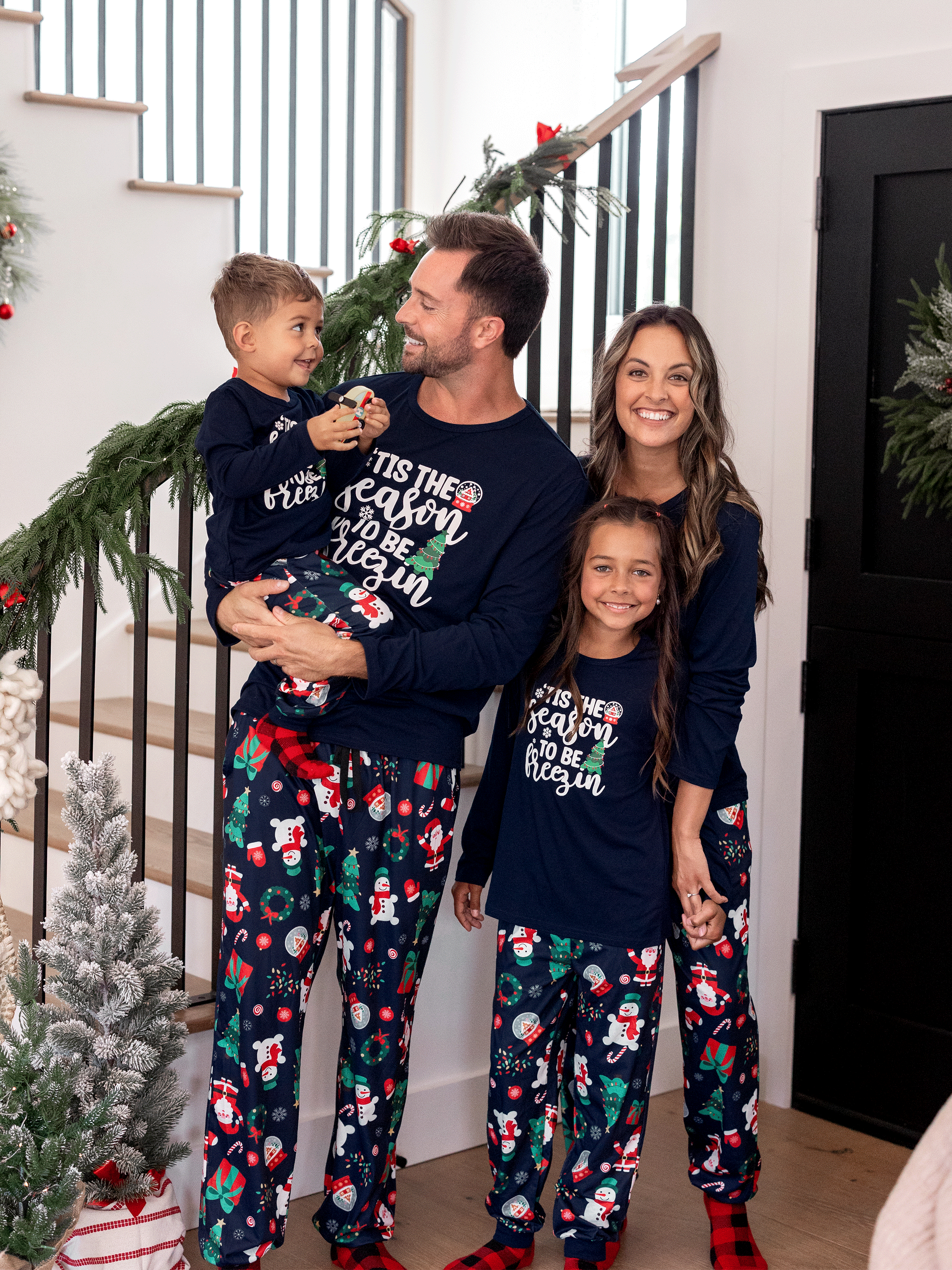 Christmas Matching Family Pajamas Set Glow In The Dark Santa Claus Dark Blue PJS with Christmas Socks Deep Blue