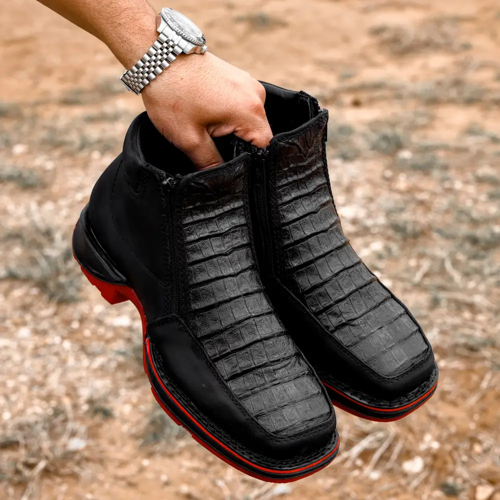 Black Caiman Belly Leather Botin With 3D Lightweight Soles - Square Toe