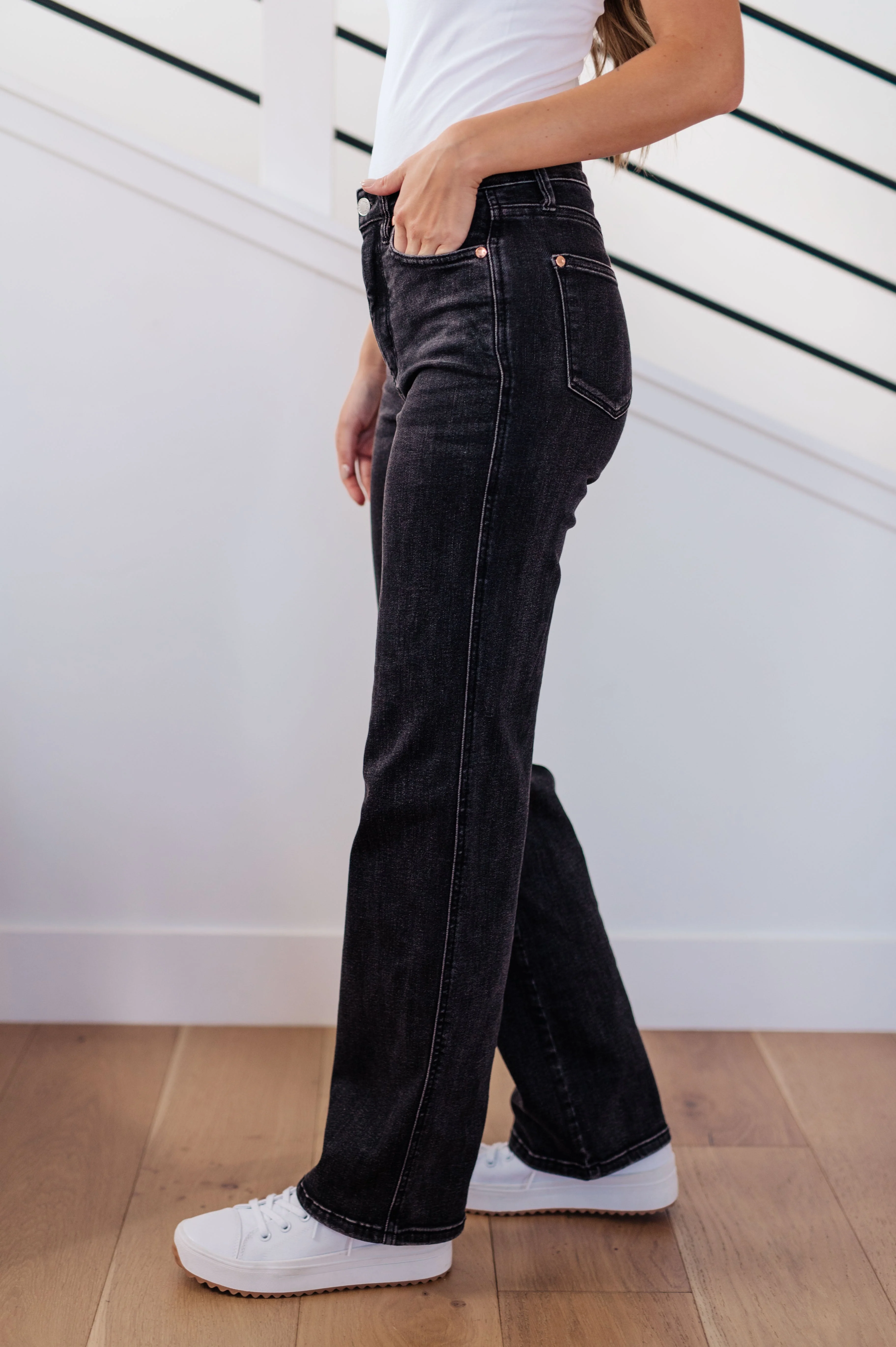 Blue Joan High Rise Control Top Straight Jeans in Washed Black