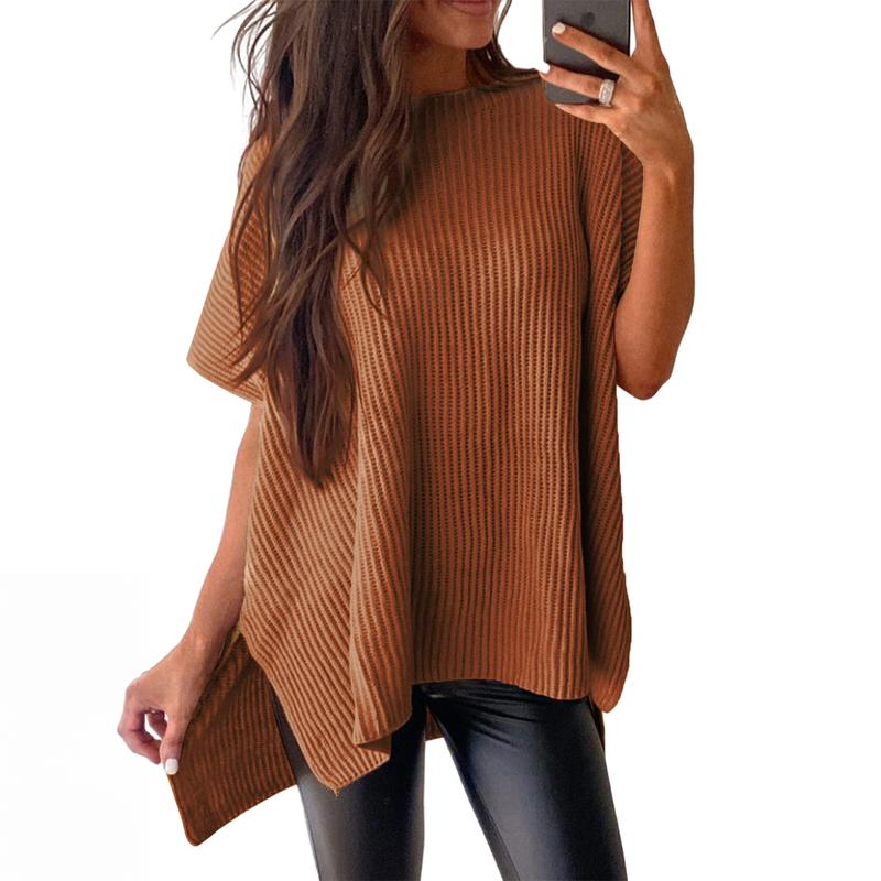Women’s Oversized Ribbed Knit Top – Crew Neck Short Sleeve Pullover with Side Slit