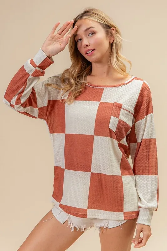 Checker Printed Hacci Top With Front Pocket