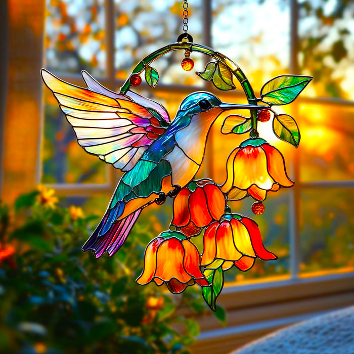 Hummingbird and Bellflower Light Catcher - Gifts for Hummingbird Lovers