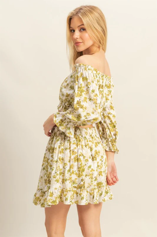 Floral Off-Shoulder Flounce Sleeve Top and Skirt Set