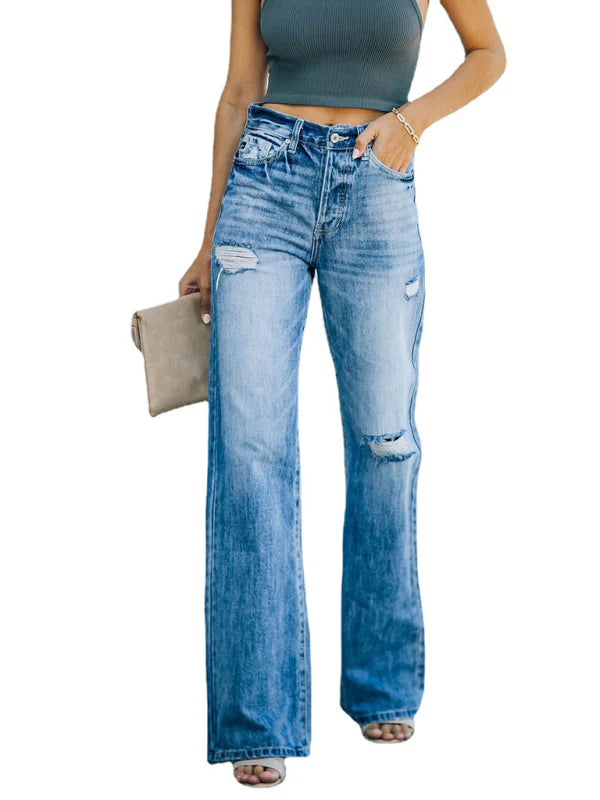 👖 Trendy High-Waist Ripped Wide Leg Jeans – Casual & Chic Denim Pants for Women 💙