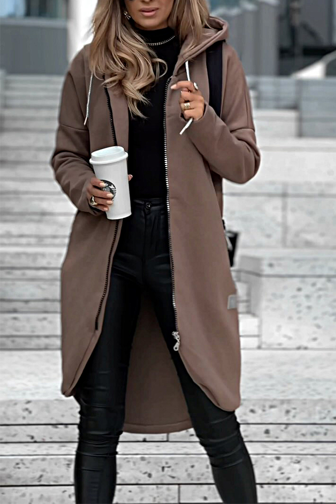 Zipper hooded casual mid length jacket