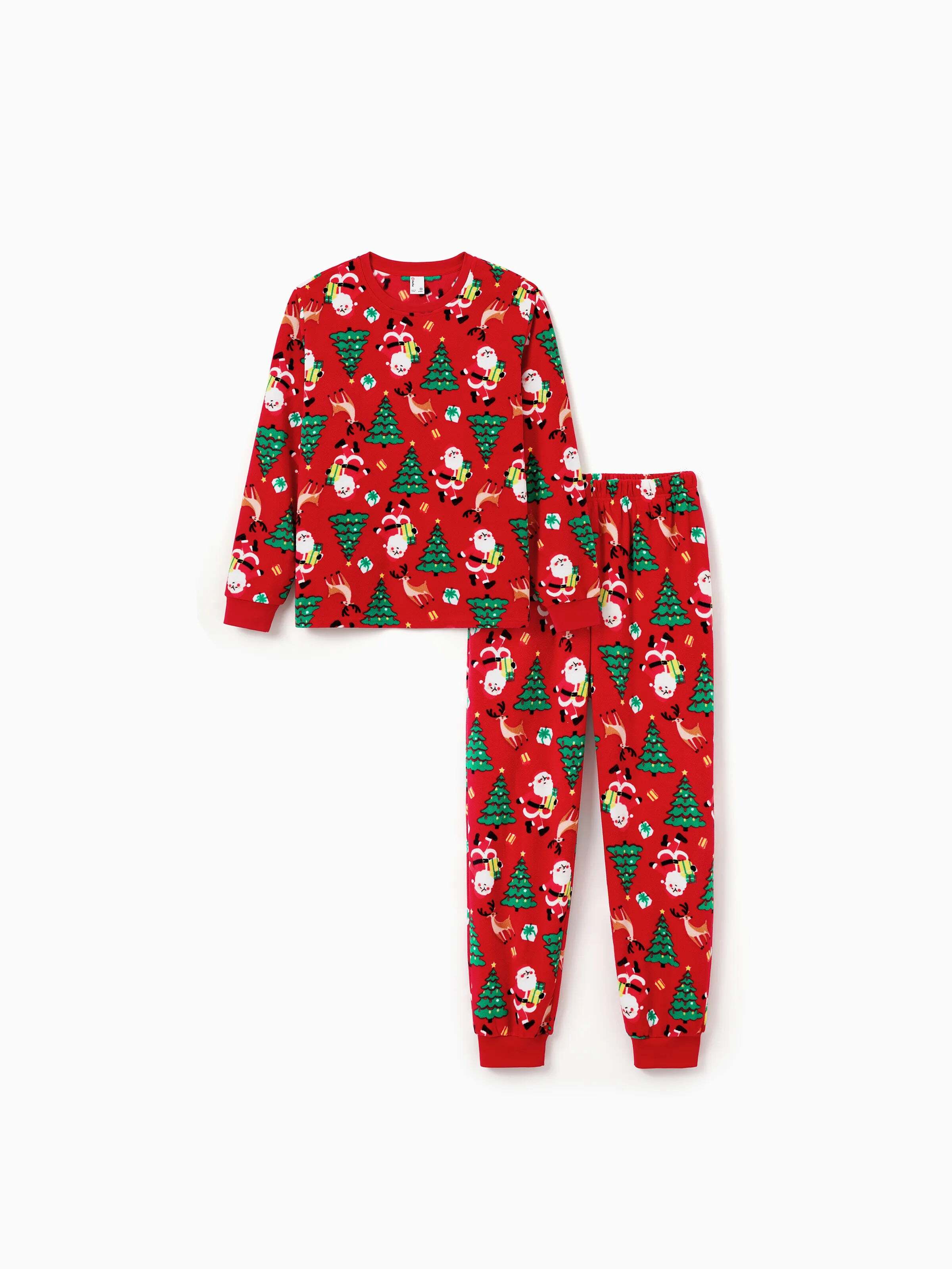 Christmas Matching Family Pajamas Set Santa Claus and Christmas Tree Print Red Fleece PJS with Christmas Socks Red