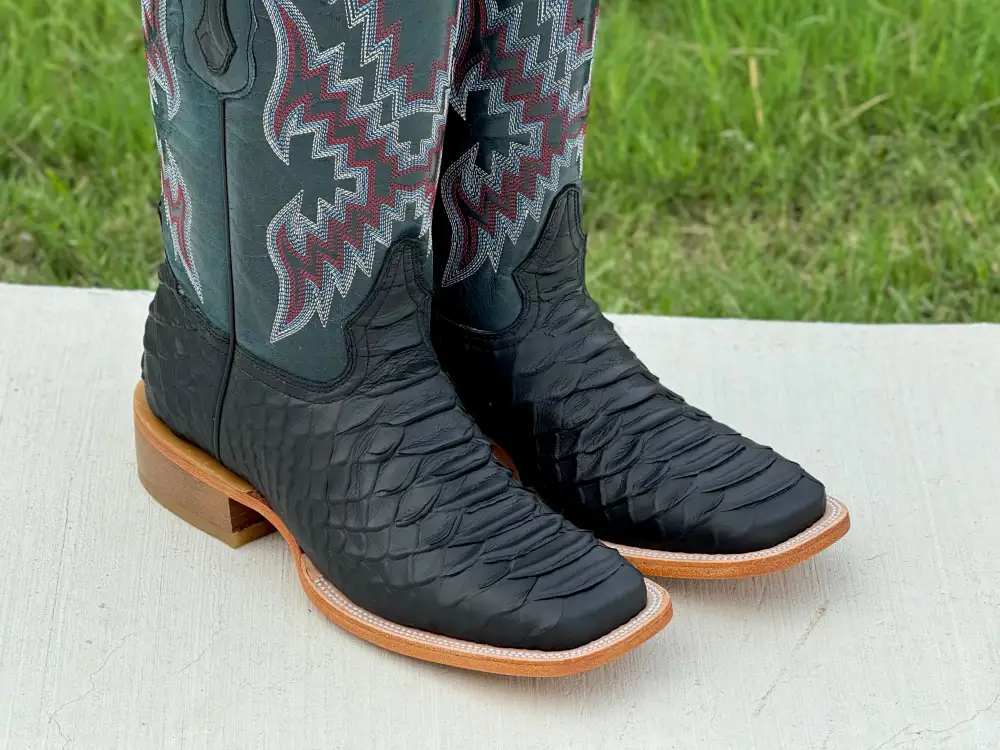 Mens Black Matte Python Leather Boots With Blue Shaft