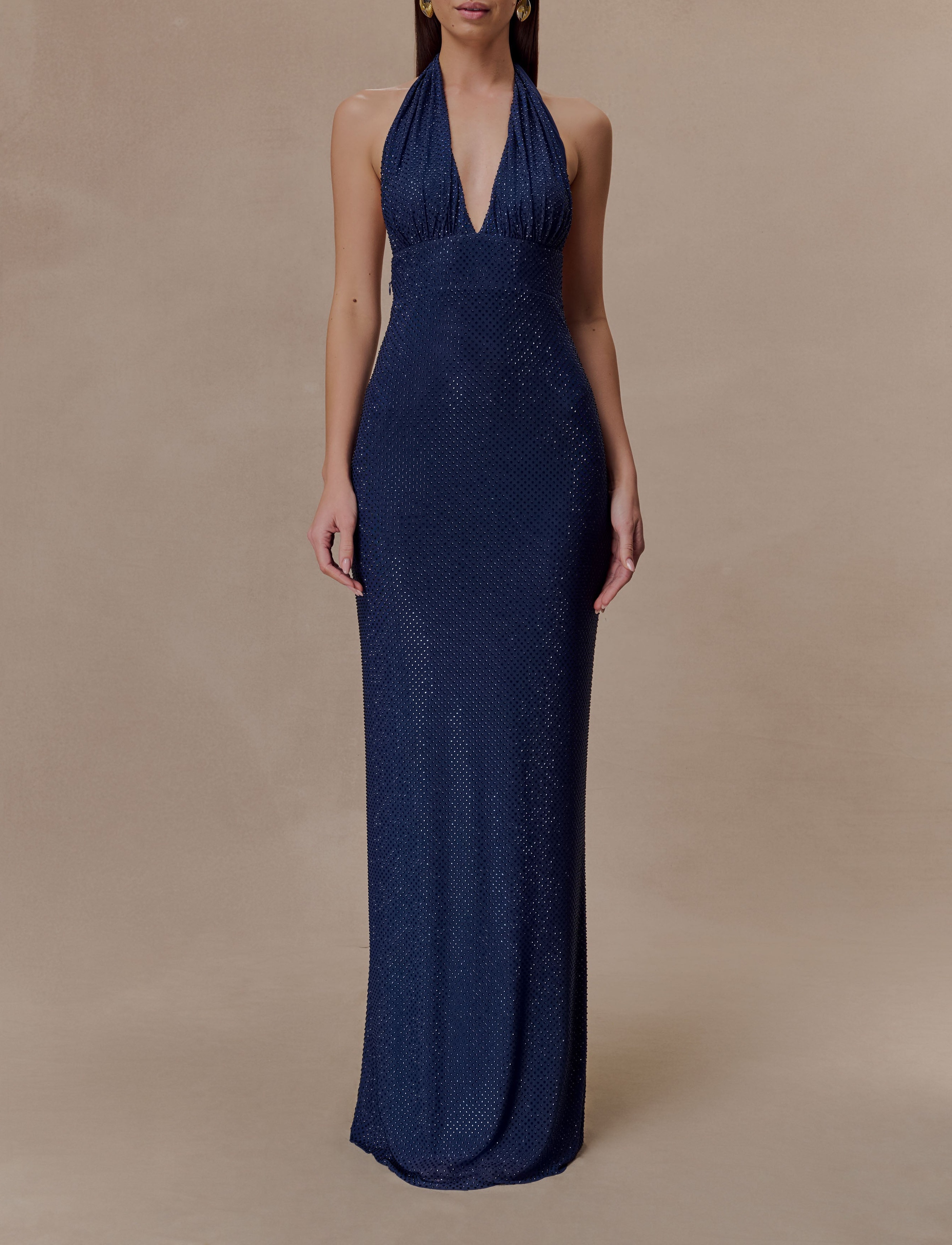 Navy Halter Neck Diamante Maxi Dress