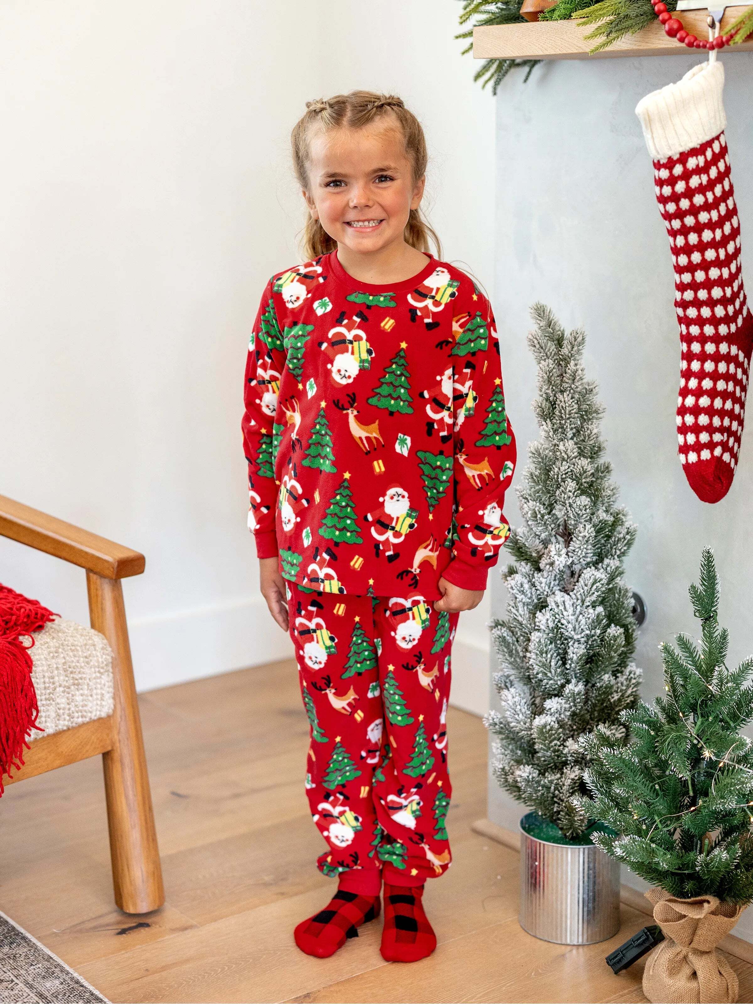 Christmas Matching Family Pajamas Set Santa Claus and Christmas Tree Print Red Fleece PJS with Christmas Socks Red