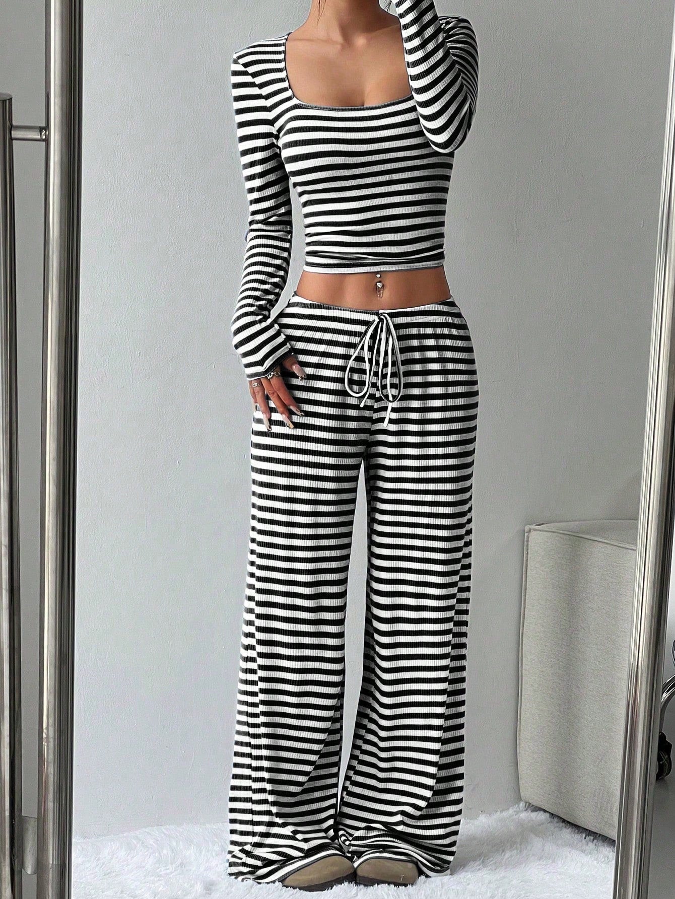 Women's Slouchy Square Neck Stripe Long Sleeve Crop Top & Low-Rise Wide Leg Trousers Co-ord, Minimalist Two Piece Outfits, Cozy Womenswear