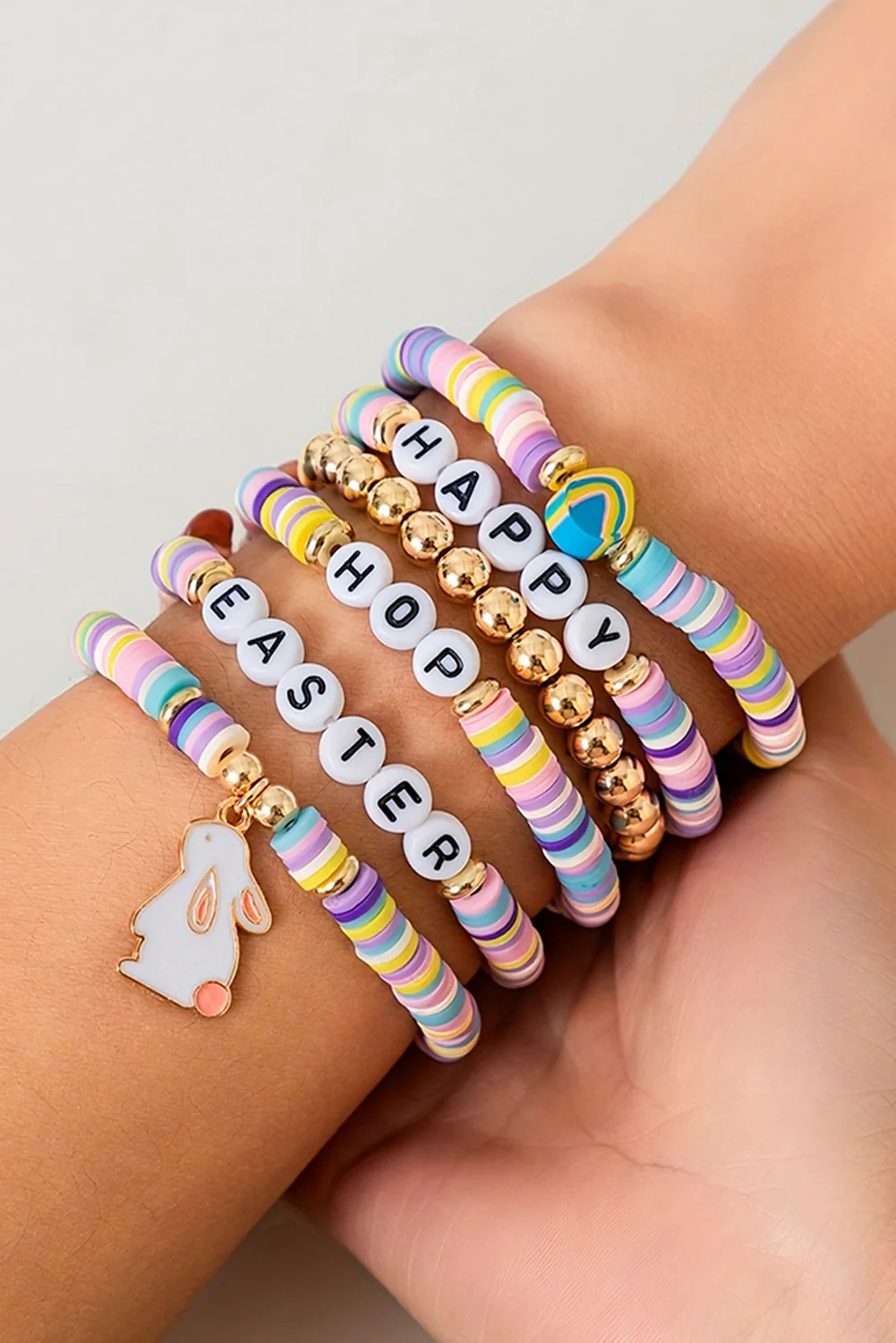 Gold Happy Easter Letter Beaded Elastic Multi Layer Bracelet