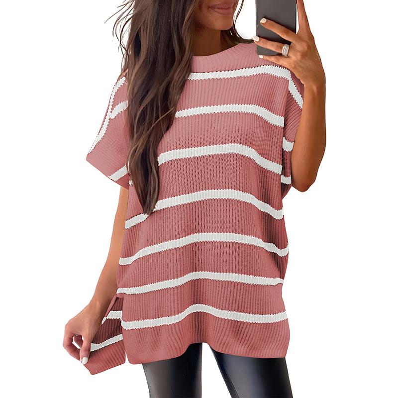 Women’s Oversized Ribbed Knit Top – Crew Neck Short Sleeve Pullover with Side Slit