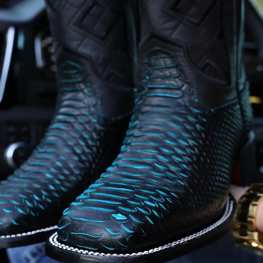 Black & Aqua Python Leather Boots - Square Toe