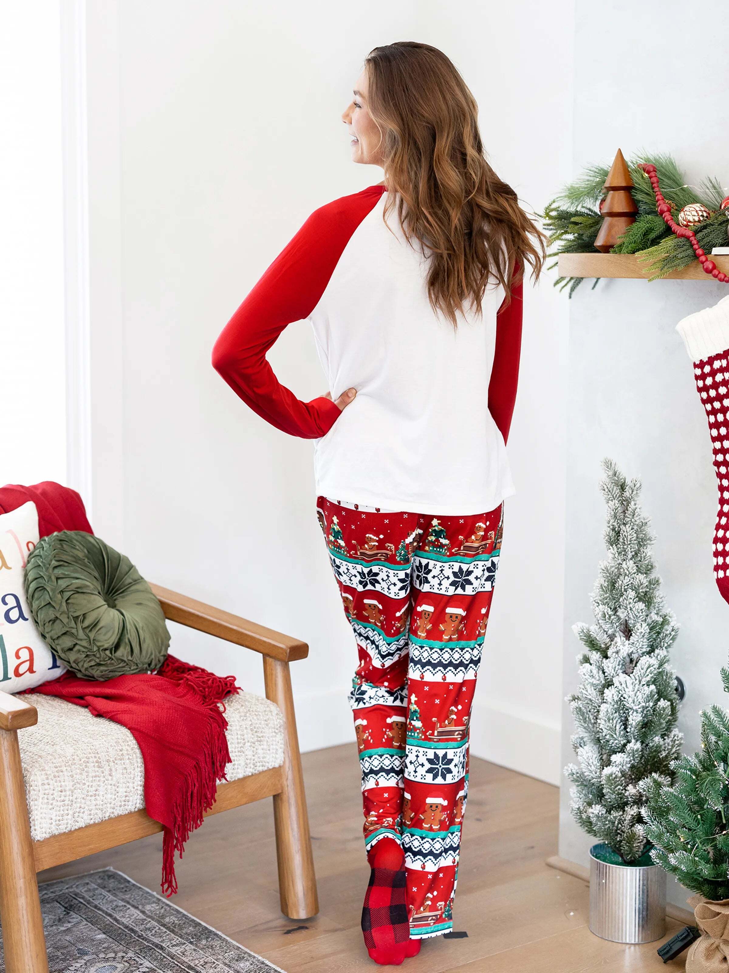 Christmas Matching Family Pajamas Set Gingerbread Print Long-sleeve PJS with Christmas Socks Red