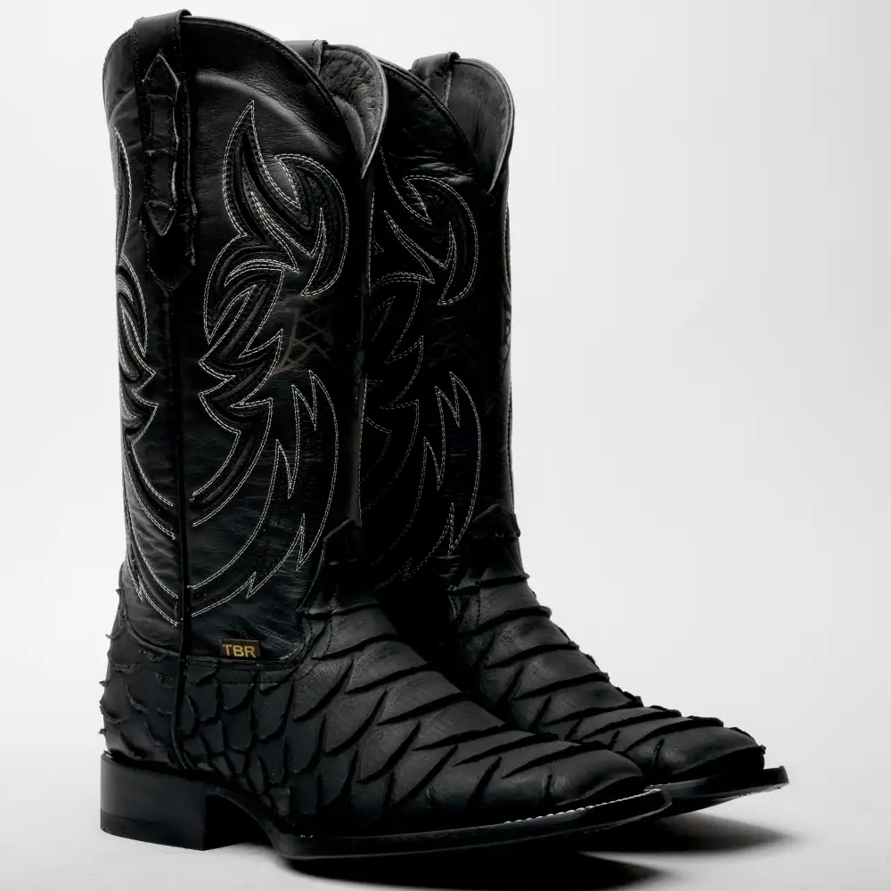 Black Jumbo Python Leather Boots - Square Toe