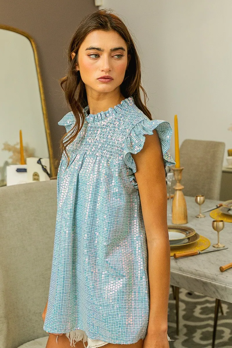 Clear Sequin All-over Gingham Smocked Top