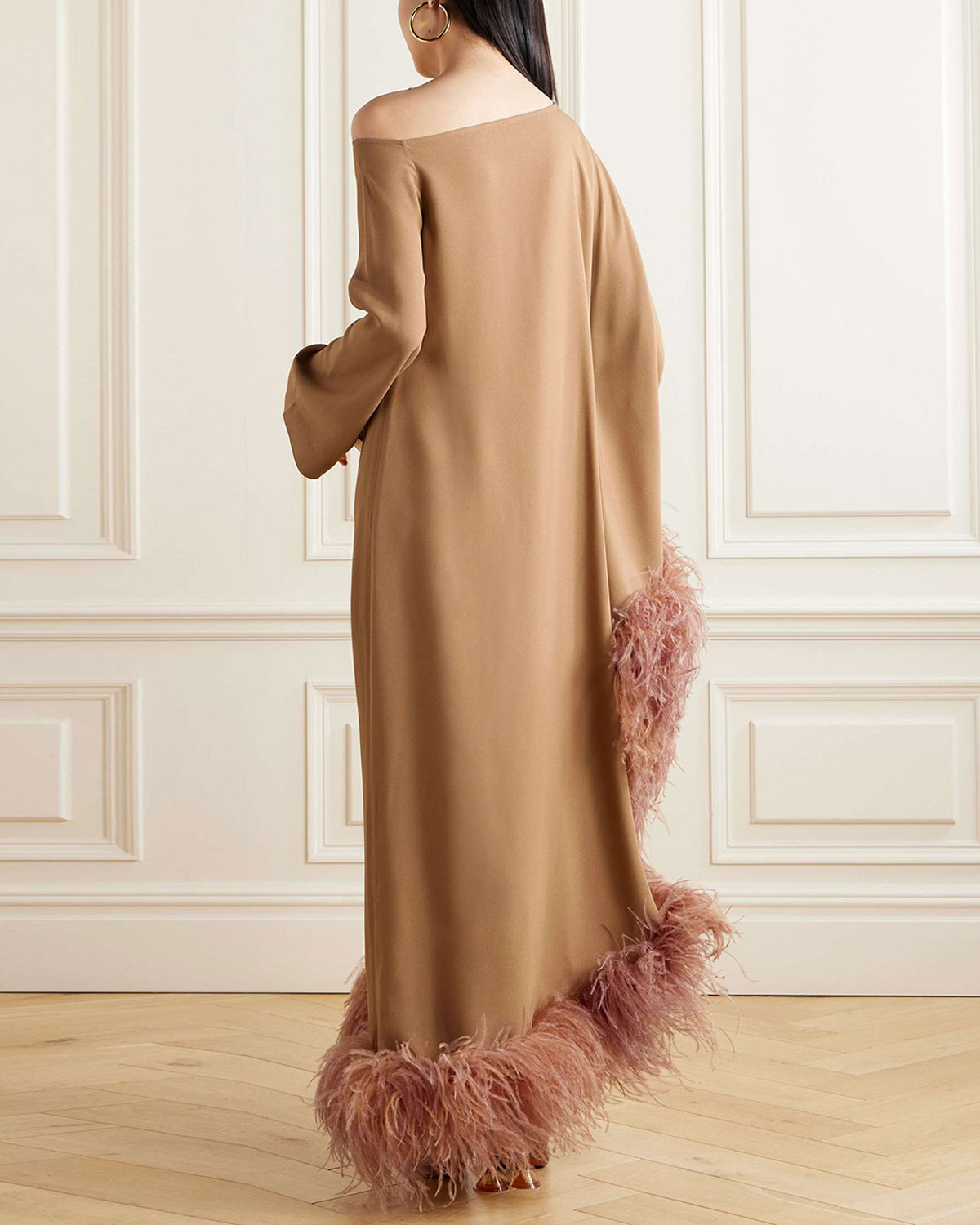 Feather-Trimmed Crepe Midi Dress