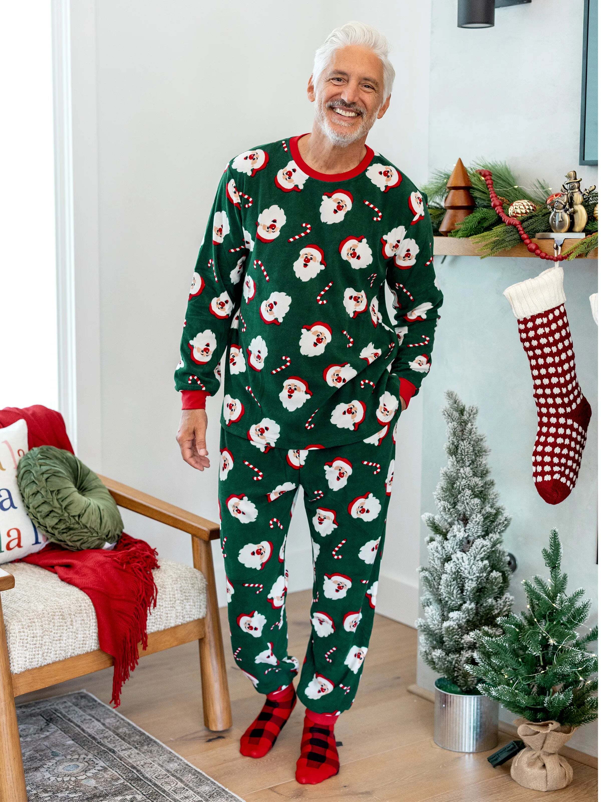 Christmas Matching Family Fleece Pajamas Set Santa Claus and Candy Cane Print PJS with Christmas Socks Dark Green