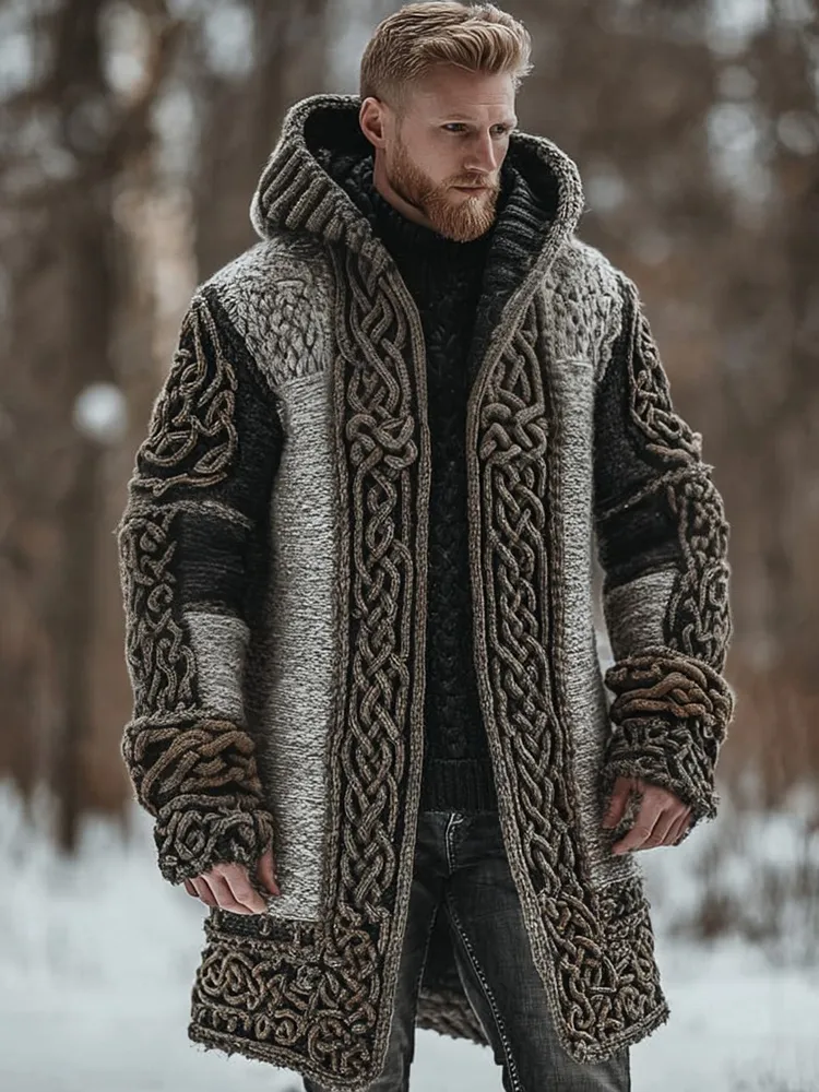 Men's Viking Celtic Knot  Chunky Knit Colorblock Cozy Hooded Cardigan