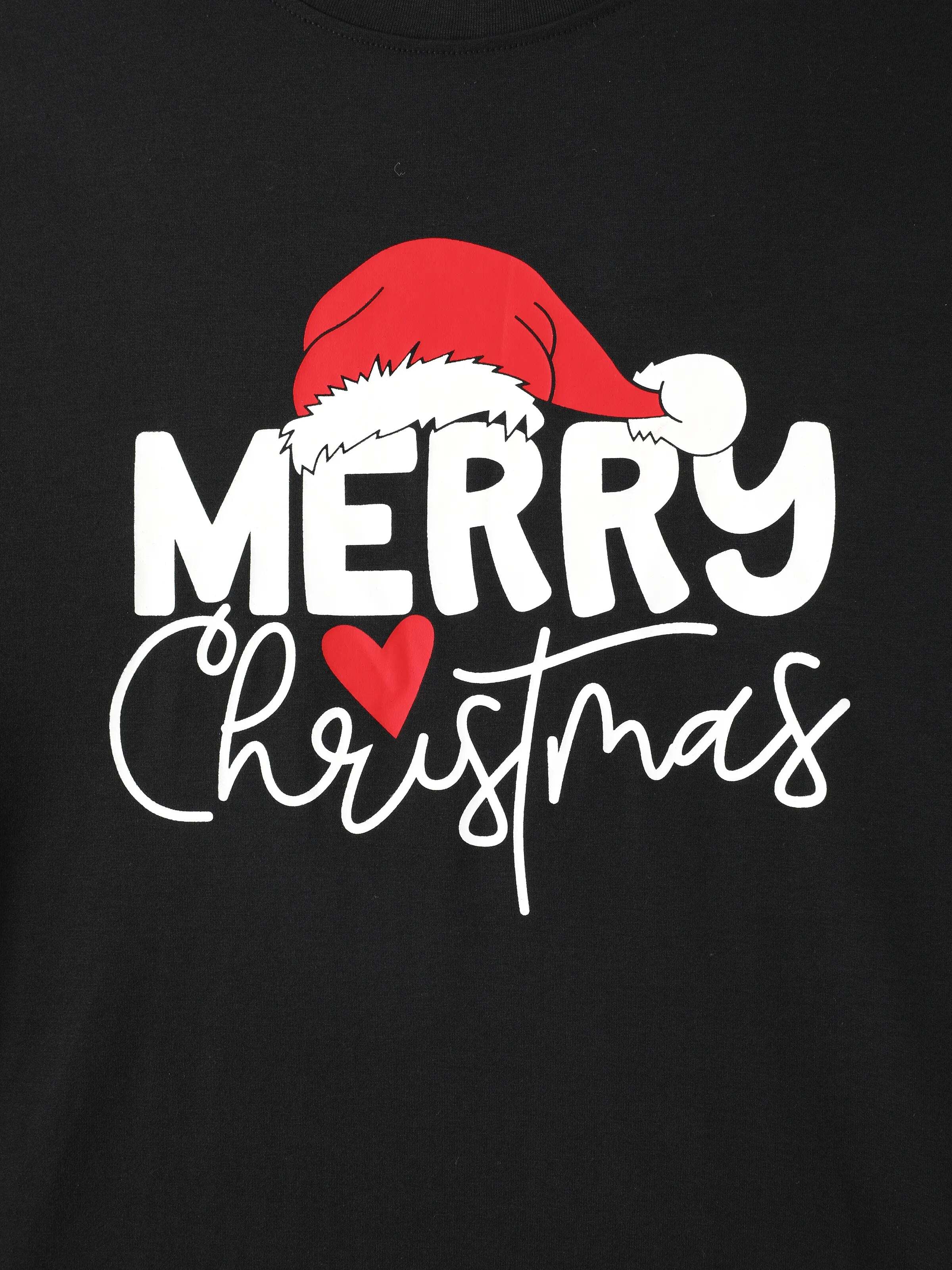 Christmas Family Matching Glow In The Dark Letters Print Long-sleeve Pajamas Sets with Christmas Socks Black+White