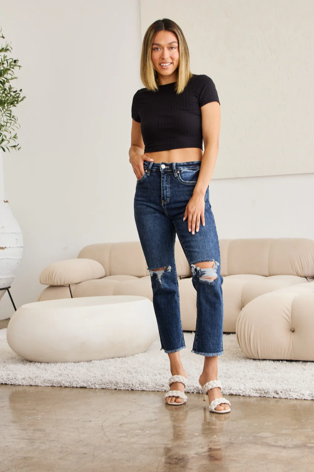 Crop Full Size Tummy Control Distressed High Waist Raw Hem Jeans