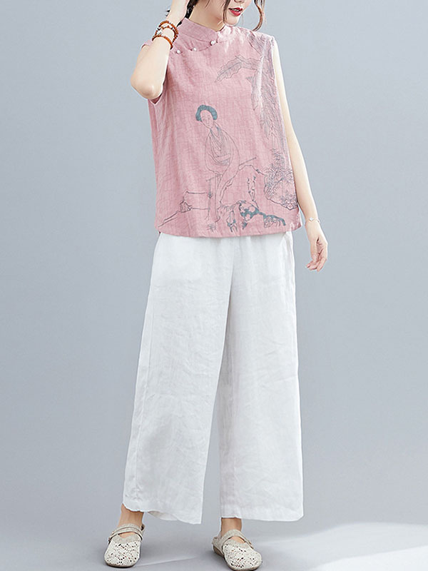 Artistic Retro Chinese-Style Printed Buttoned Stand Collar Sleeveless Vest