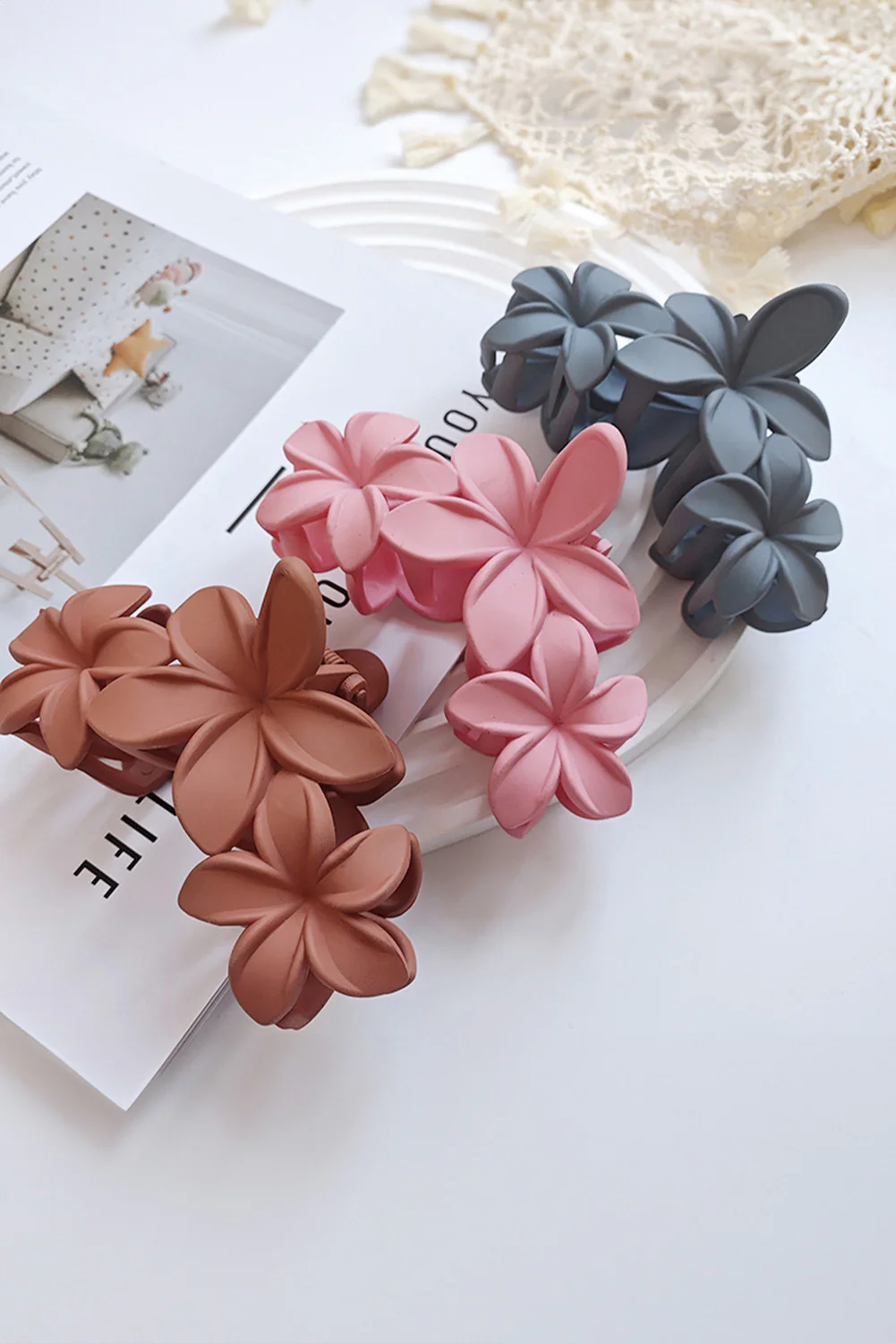 Pink 3D Flower Plastic Resin Hair Claw