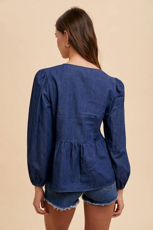 Wear Tie Front Peplum Long Sleeve Denim Top