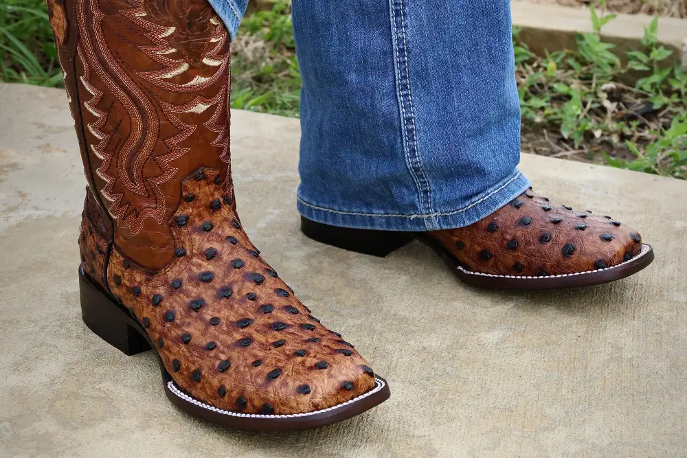 Cognac Ostrich Leather Boots — Square Toe