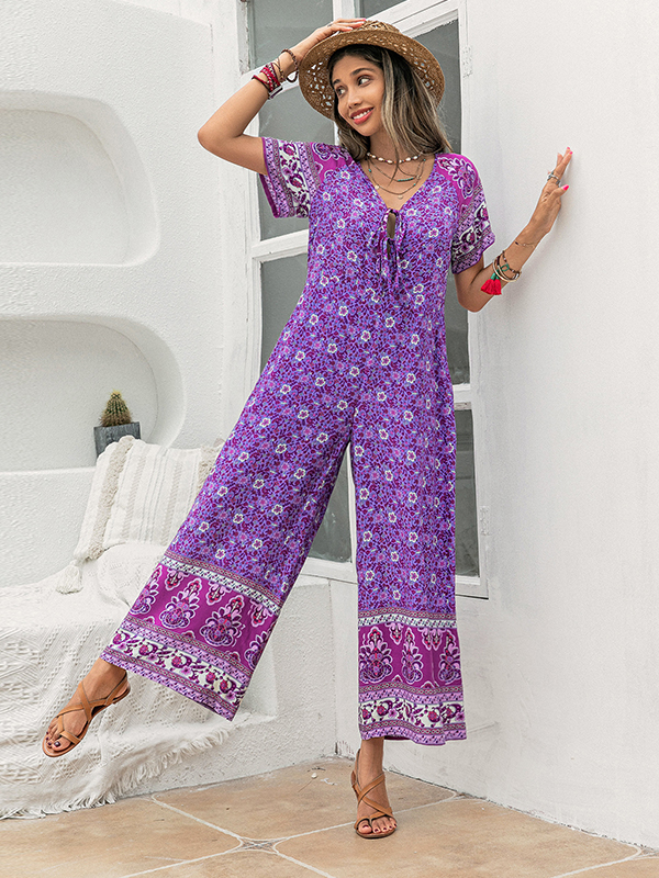 Bohemia Half Sleeves Loose Floral Printed V-Neck Jumpsuit