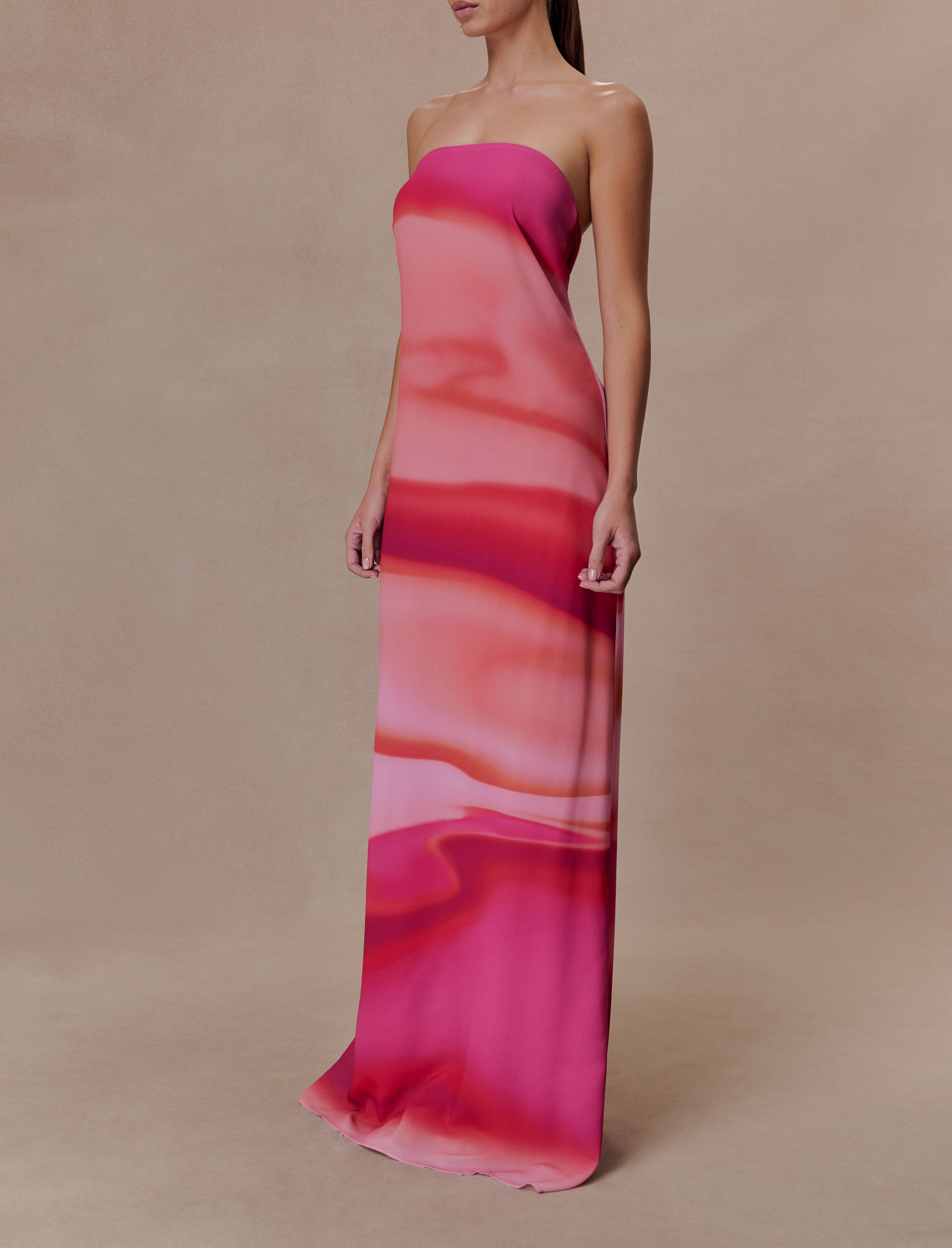 Print Strapless Chiffon Maxi Dress