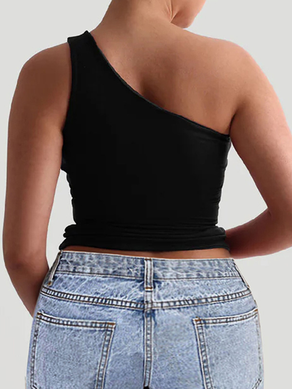 Solid Color Skinny Sleeveless One-Shoulder Vest Top
