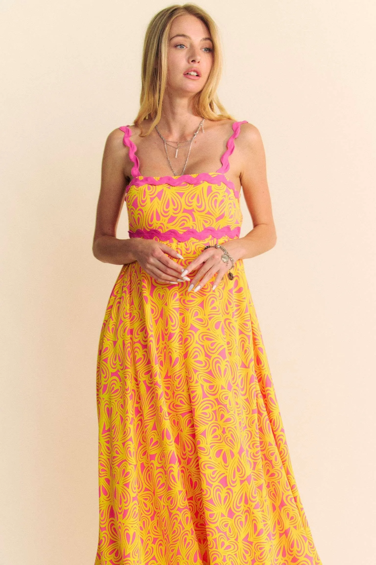 Geo 2 Tone Printed Wavi Trim Tiered Maxi Dress