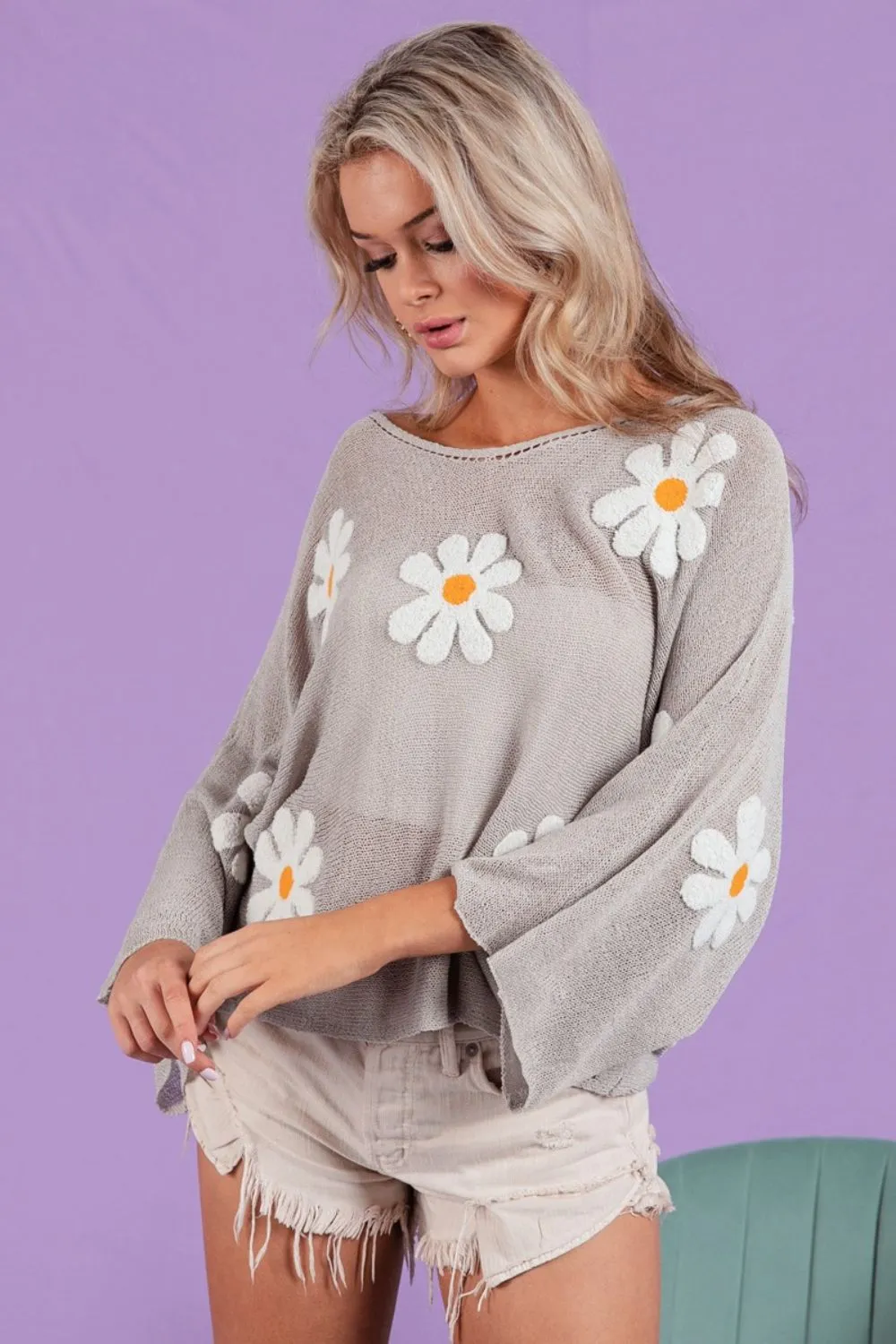 Flower Embroidery Loose Fit Knit Top