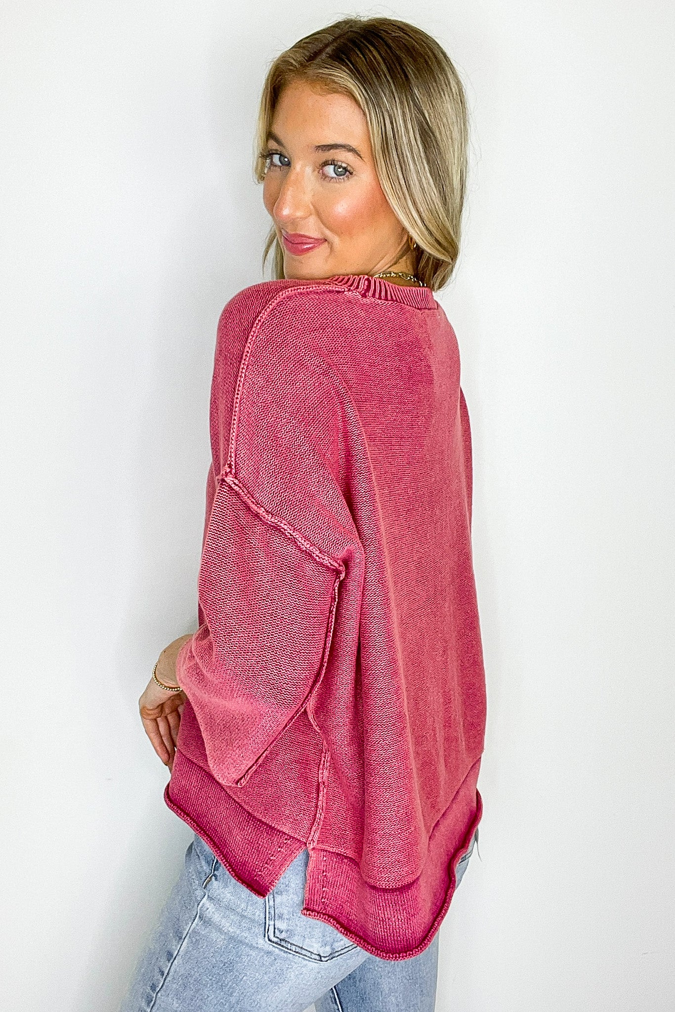 Cozy Fade Washed 3/4 Sleeve Relaxed Sweater