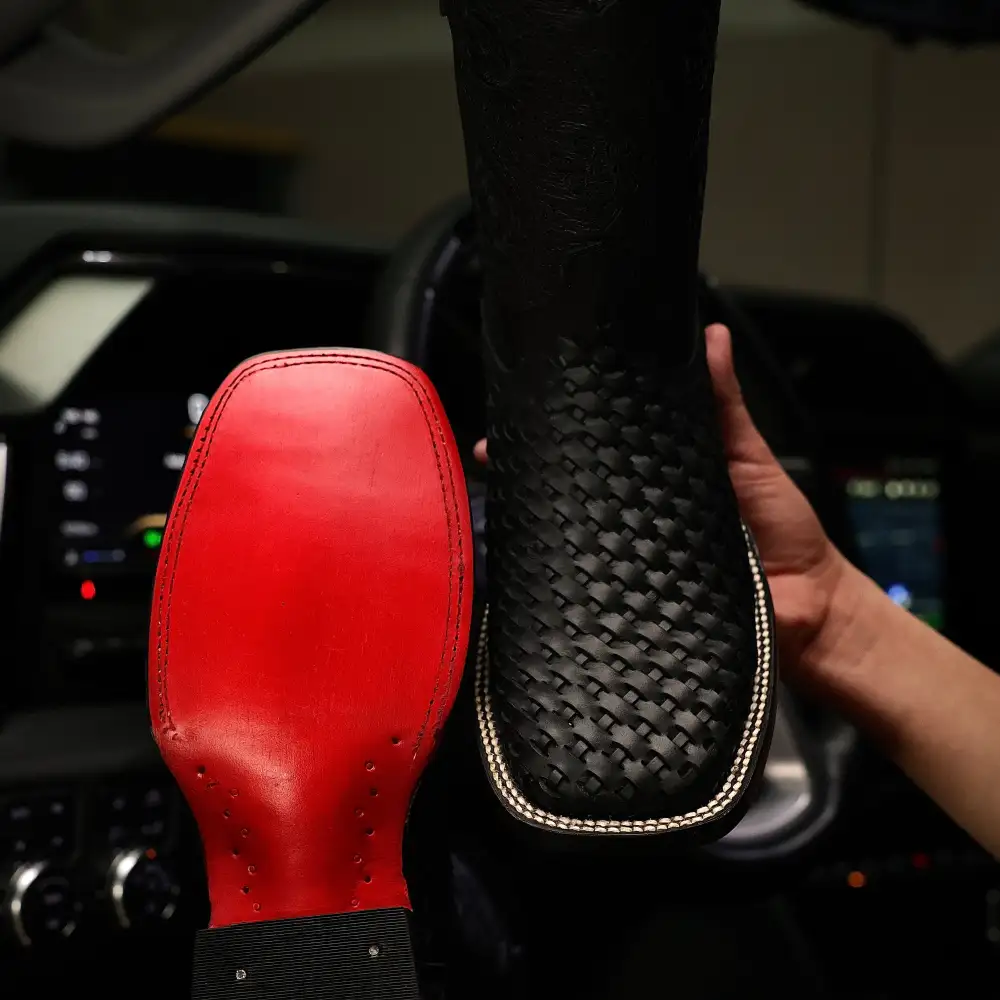 Black Basketweave Leather Boots - Square Toe