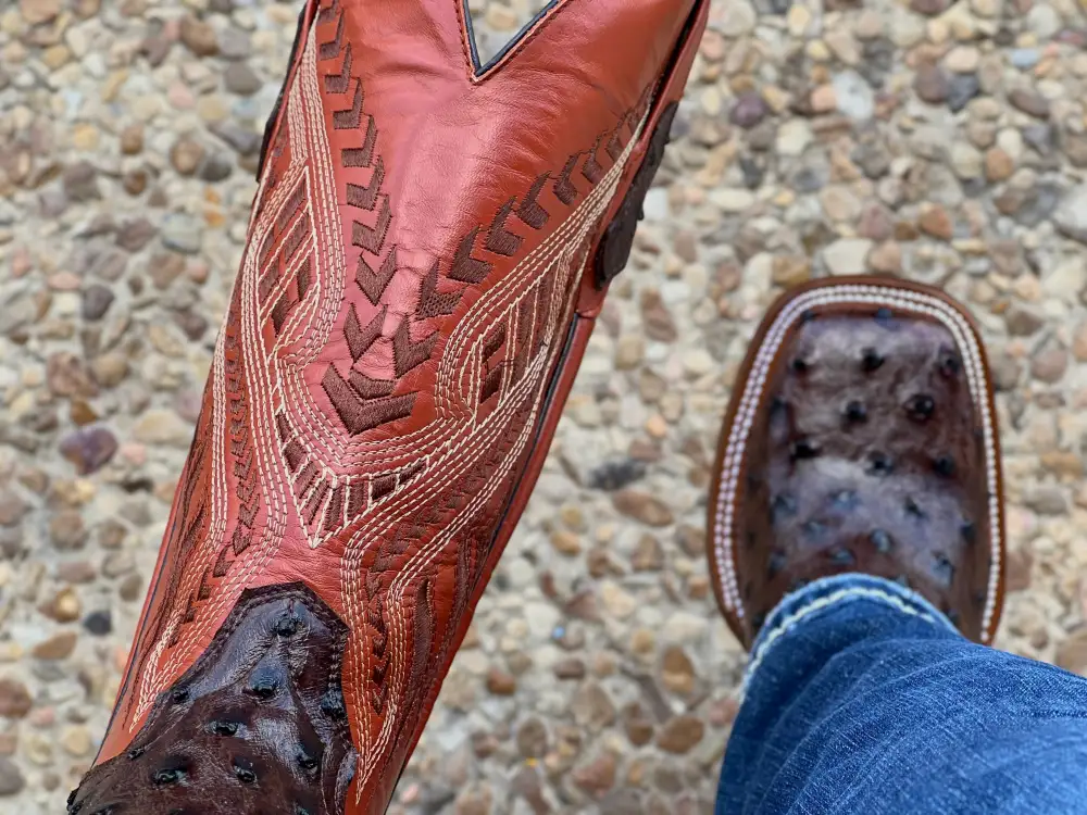 Men’s Brown Ostrich Leather Boots With Orange Shaft