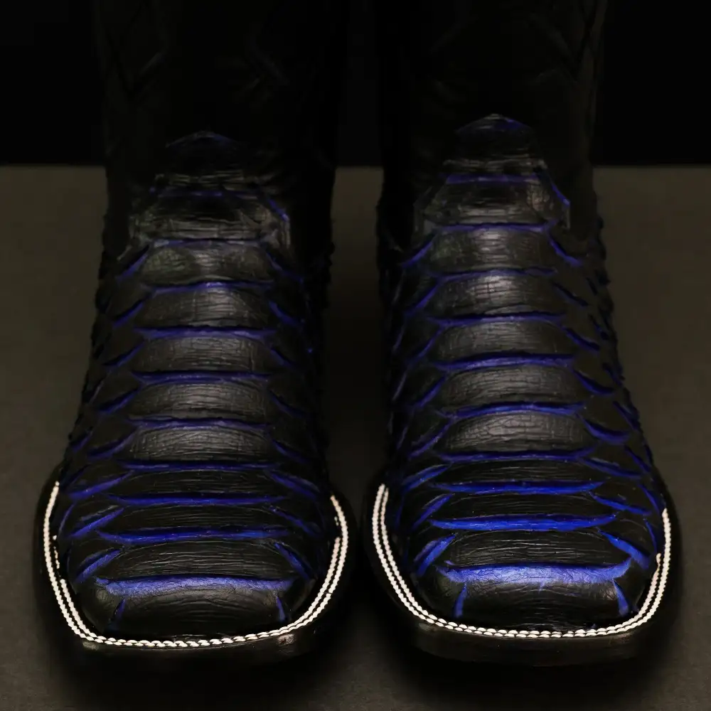 Black & Indigo Jumbo Python Leather Boots - Square Toe