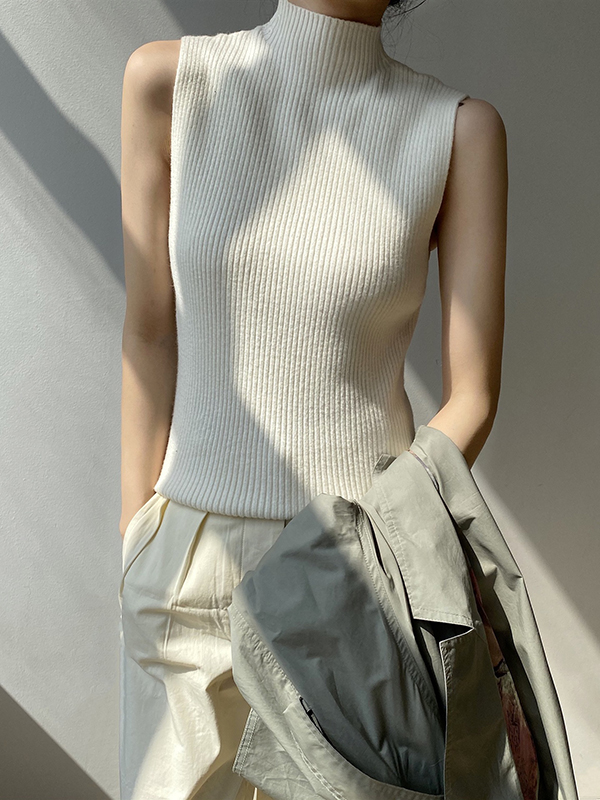 Solid Color Skinny Sleeveless High-Neck Vest Top Knitwear