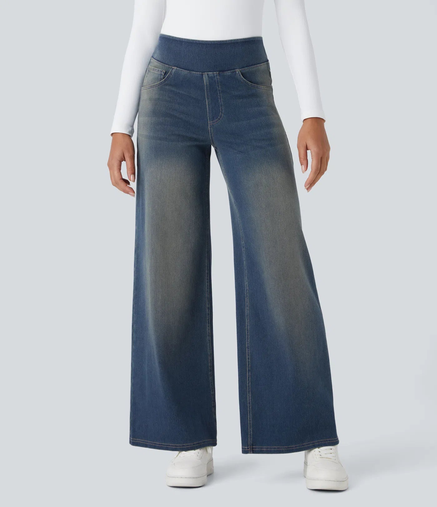 High Waisted Pockets Baggy Wide Leg Washed Casual Jeans