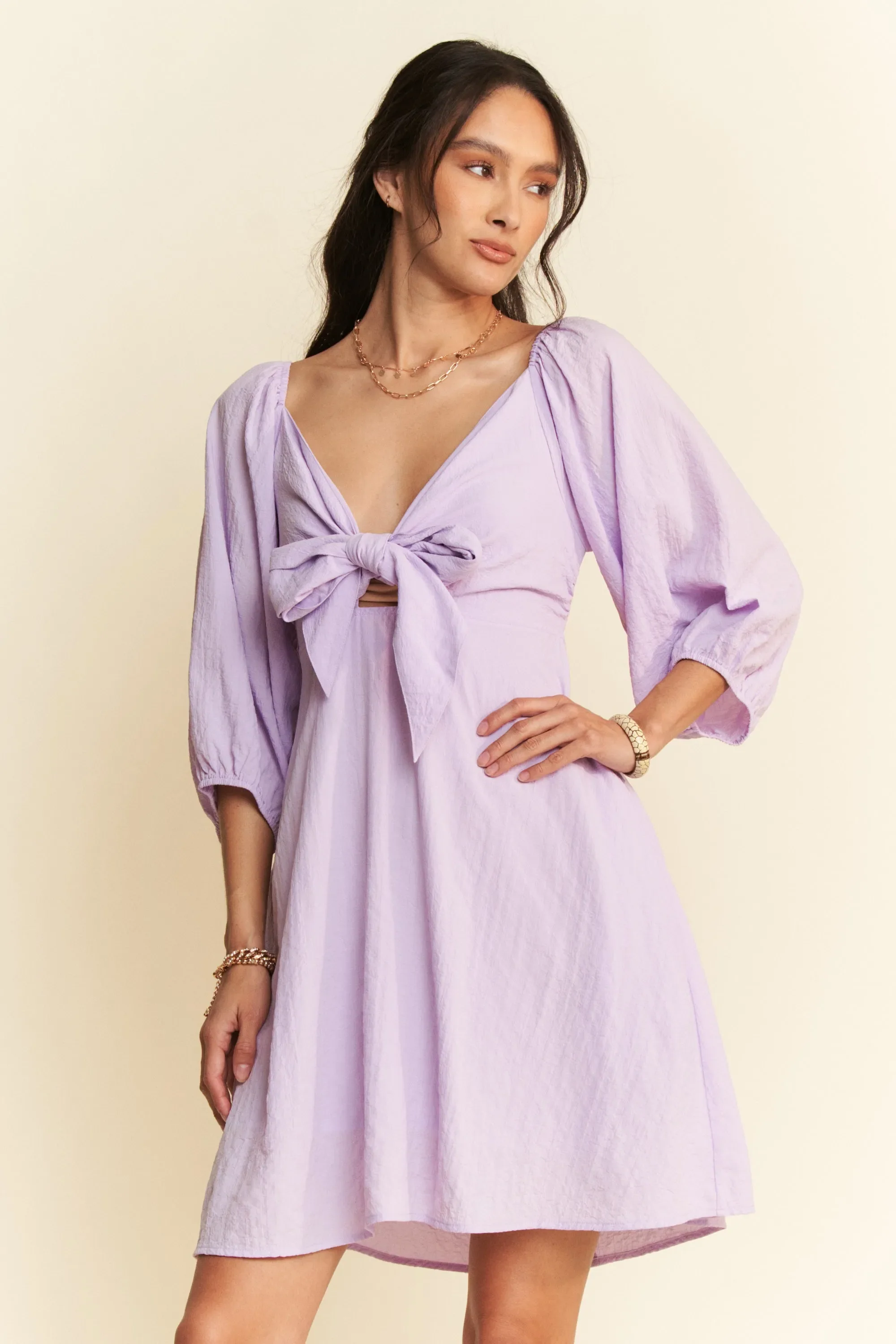 Self-Tie Puff Sleeve Smocking Open Back Mini Dress