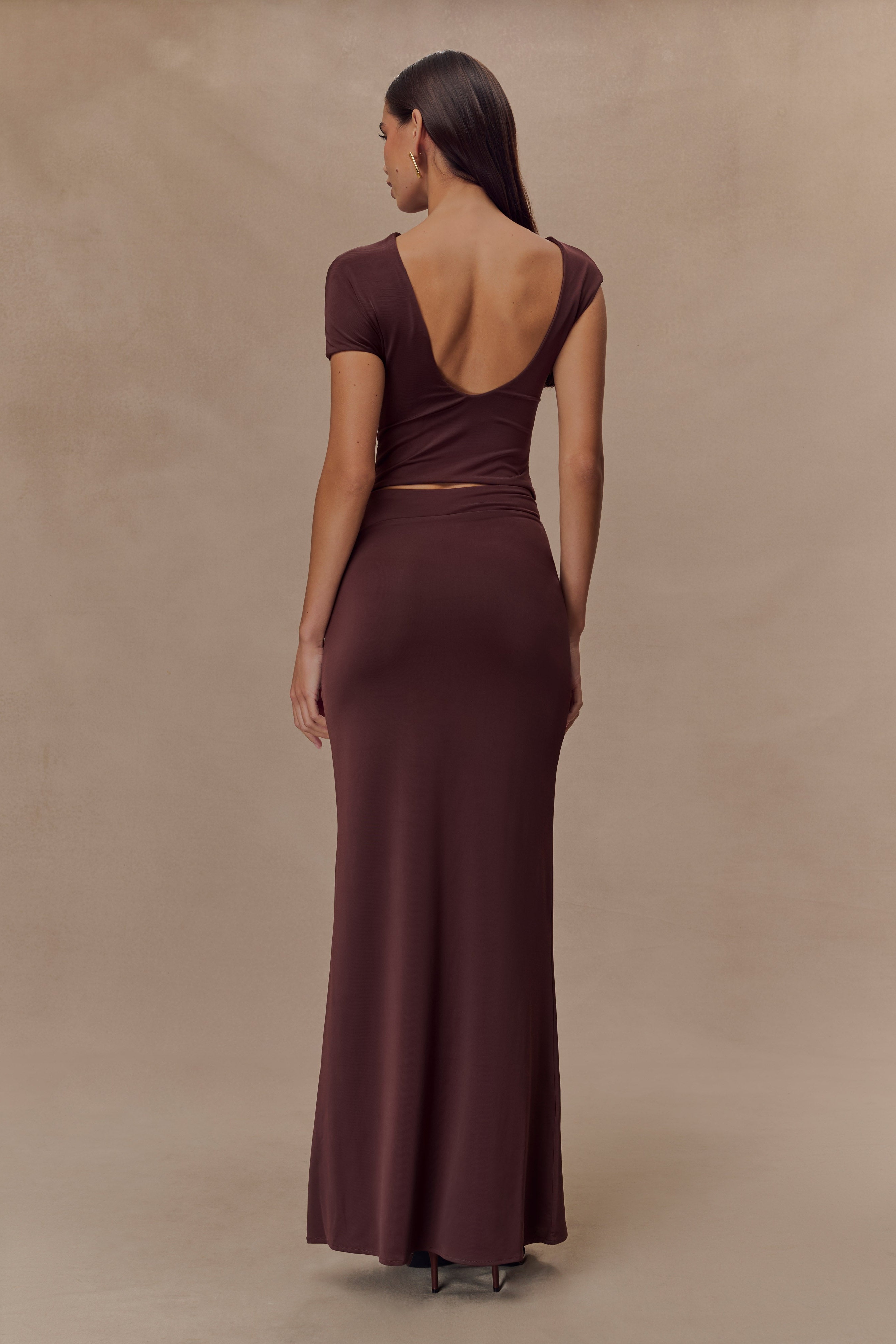 Chocolate Slinky Twist Midi Skirt