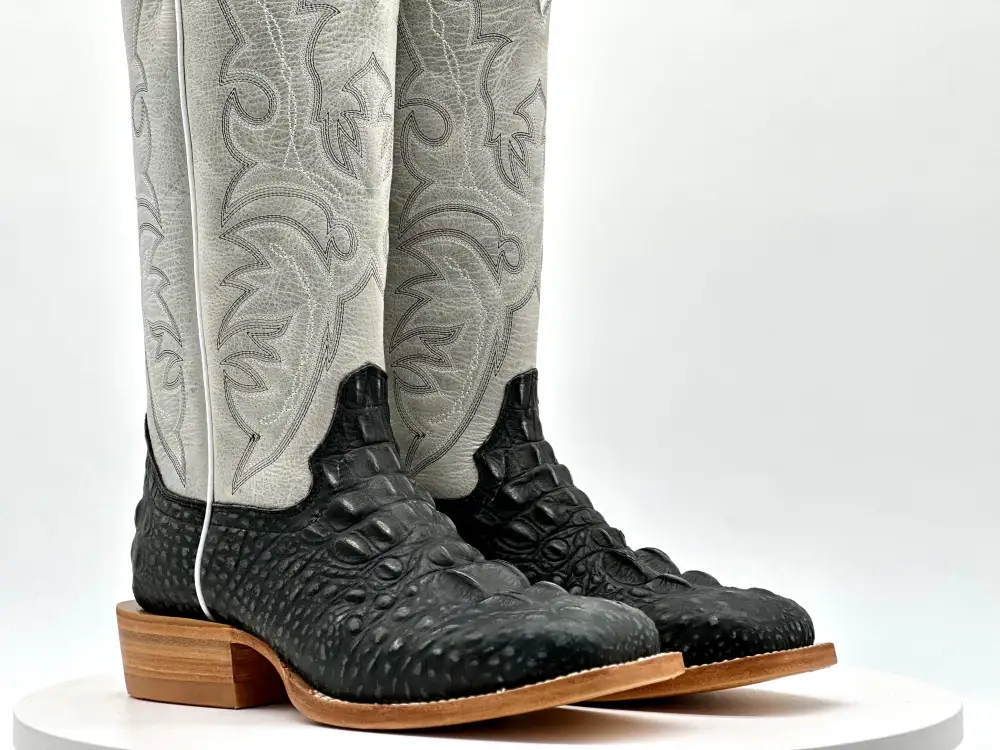 Men’s Black Rustic Caimán Leather Boots With Pearl White Shaft