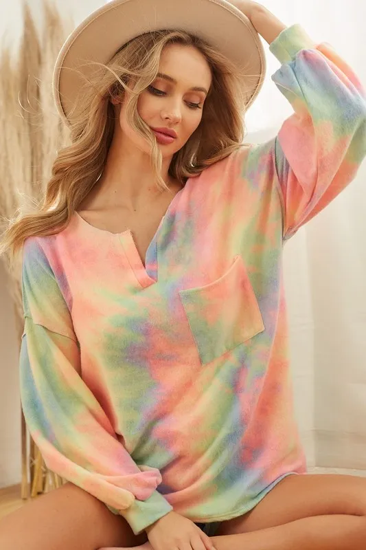 Brushed Tie Dye French Terry Top with Bubble Sleeves